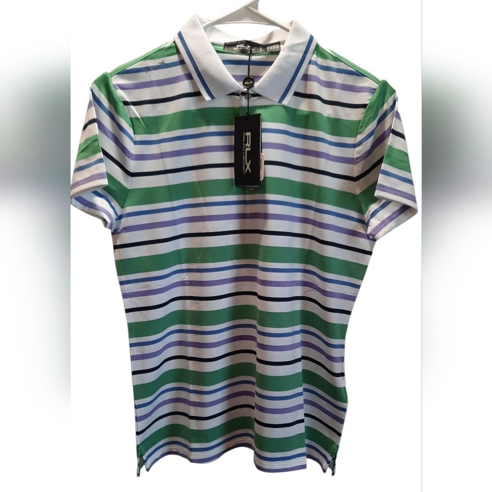 Ralph Lauren RLX Shirt Womans Medium White Green Stripes Golf Concept 1 Preppy